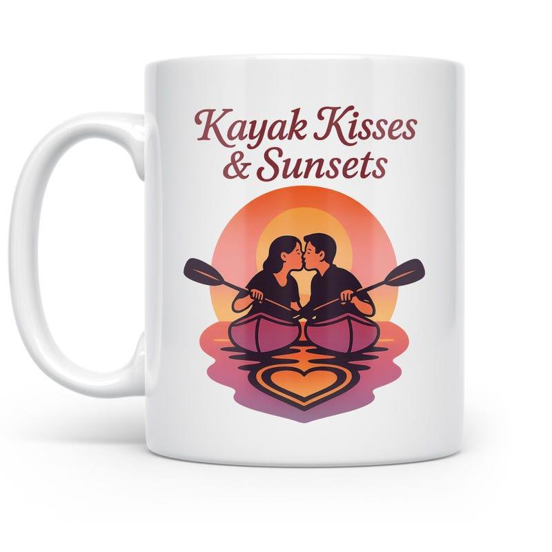 Tailorly White Ceramic 11 oz Mug - Kayak Kisses Sunsets Romantic Couple Kissing On Calm Water Under Vibrant Golden Hour Kayak