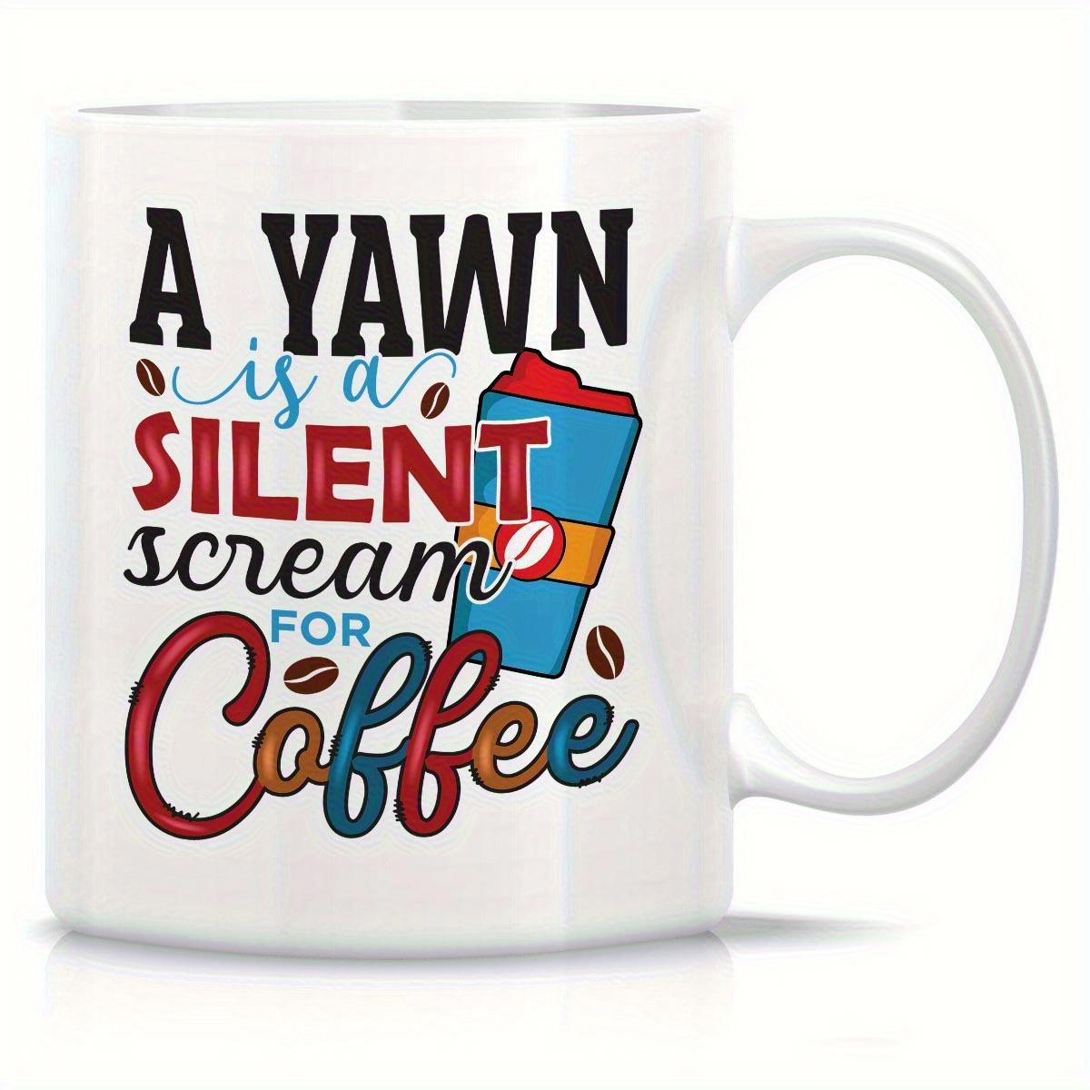 Tailorly White Ceramic 11 oz Mug - A Yawn Is A Silent Scream For Coffee Blue Cup With Red Lid Surrounded By Floating Brown Coffee Beans Mug