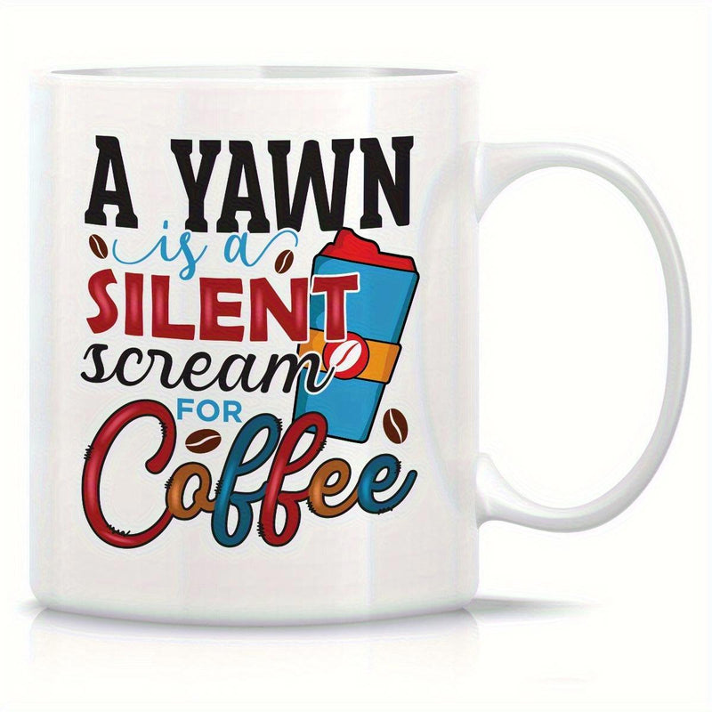Tailorly White Ceramic 11 oz Mug - A Yawn Is A Silent Scream For Coffee Blue Cup With Red Lid Surrounded By Floating Brown Coffee Beans Mug