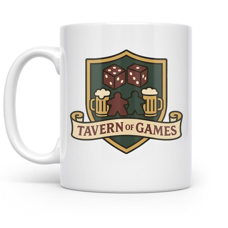 Tailorly White Ceramic 11 oz Mug - Tavern Of Games Vintage Heraldic Crest Shield Featuring Rolling Dice And Beer Mugs Shield