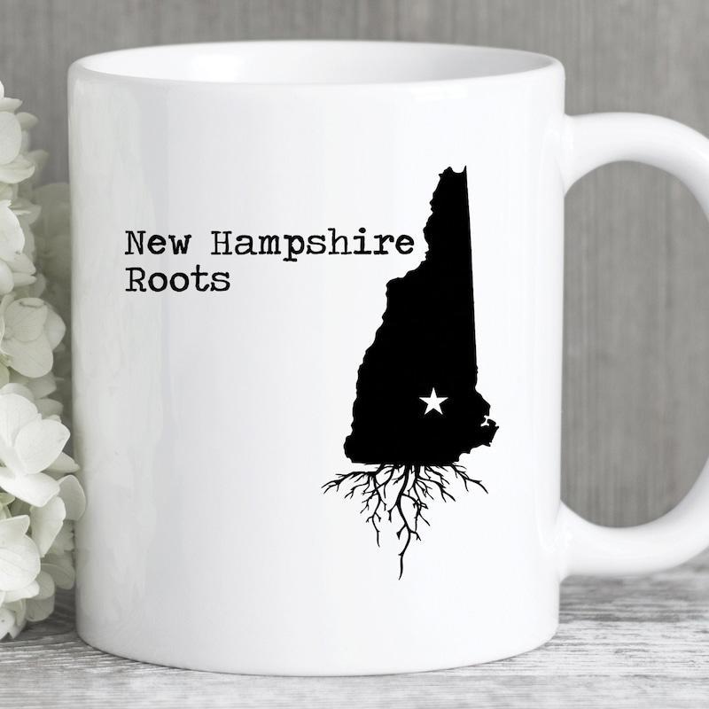 Tailorly White Ceramic 11 oz Mug - New Hampshire Roots Solid Black State Silhouette With Intricate Roots And Central Star Map