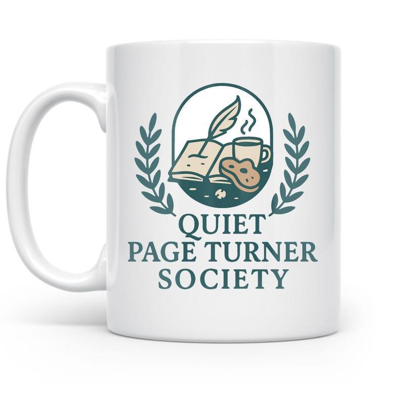 Tailorly White Ceramic 11 oz Mug - Quiet Page Turner Society Classic Laurel Wreath Framing Open Book And Quill Emblem