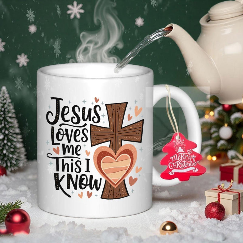 Tailorly White Ceramic 11 oz Mug - Jesus Loves Me This I Know Artistic Wooden Texture With Decorative Heart Elements Among Sparkles Cross