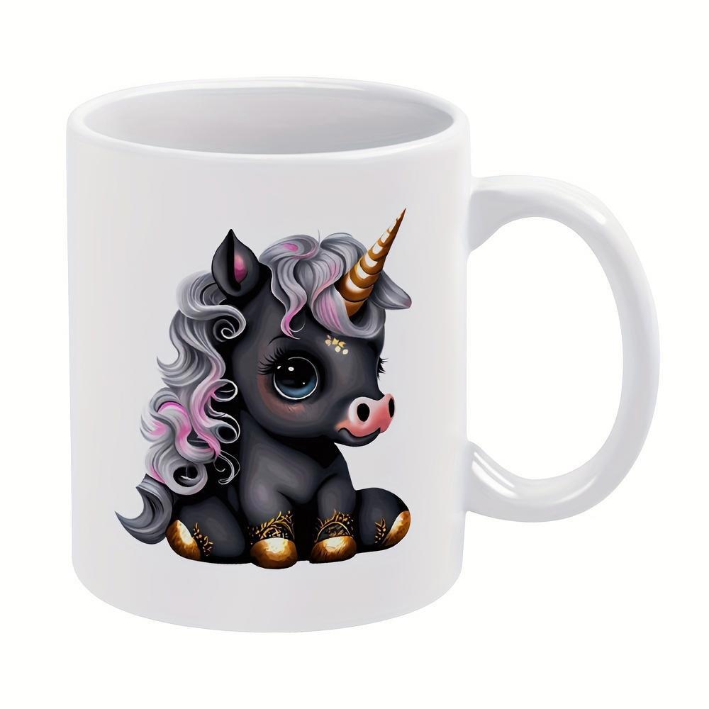 Tailorly White Ceramic 11 oz Mug - Adorable Little Black Sitting Unicorn With Shimmering Golden Horn And Lavender Mane Unicorn