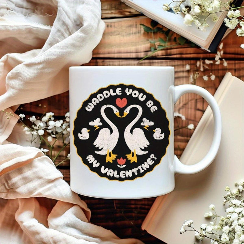 Tailorly White Ceramic 11 oz Mug - Waddle You Be My Valentine Two Elegant Swans Forming Heart Shape Within Scalloped Black Badge Swan