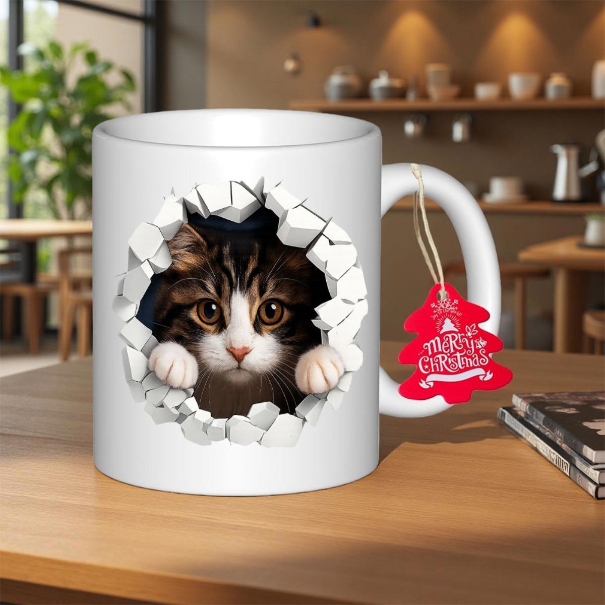 Tailorly White Ceramic 11 oz Mug - Merry Christmas Realistic Tabby Peeking Through A Three Dimensional White Cracked Wall Cat