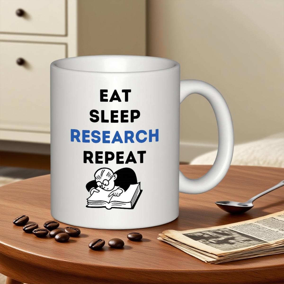 Tailorly White Ceramic 11 oz Mug - Eat Sleep Research Repeat Tired Academic Person Resting Head On Thick Open Knowledge Textbook Researcher