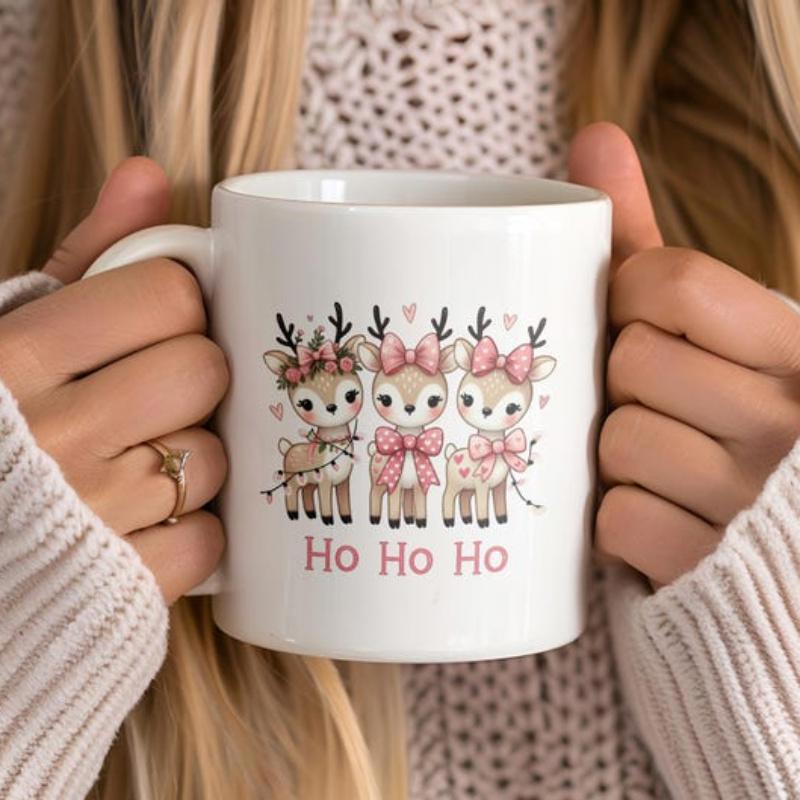 Tailorly White Ceramic 11 oz Mug - Ho Ho Ho Three Adorable Baby Reindeer With Pink Bows And Floral Crowns Deer