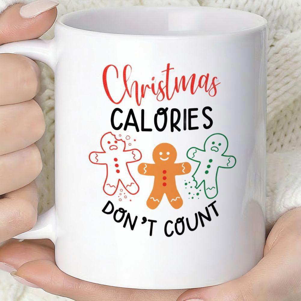 Tailorly White Ceramic 11 oz Mug - Christmas Calories Don't Count Three Smiling Festive Cookies With Bitten And Broken Pieces Gingerbread