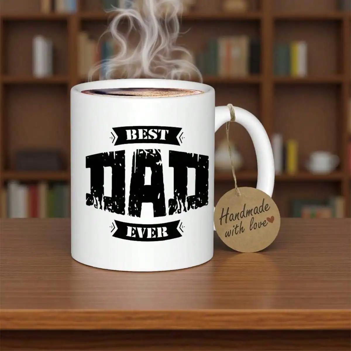 Tailorly White Ceramic 11 oz Mug - Best Dad Ever Minimalist White Ceramic Body On Wooden Surface With Rising Steam Mug