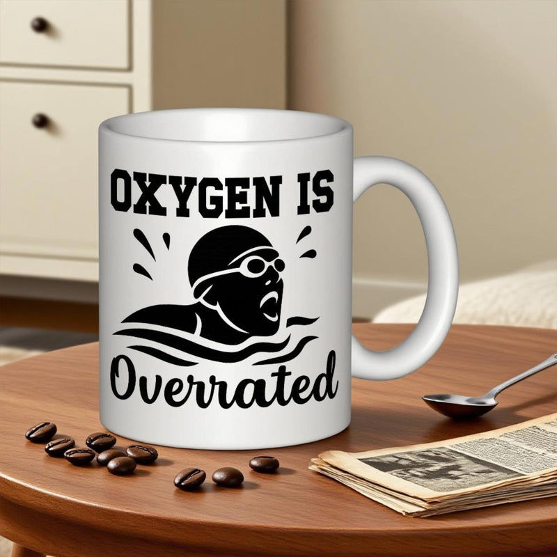 Tailorly White Ceramic 11 oz Mug - Oxygen Is Overrated Silhouette Of A Person Wearing Goggles Swimming Through Rippling Water Swimmer