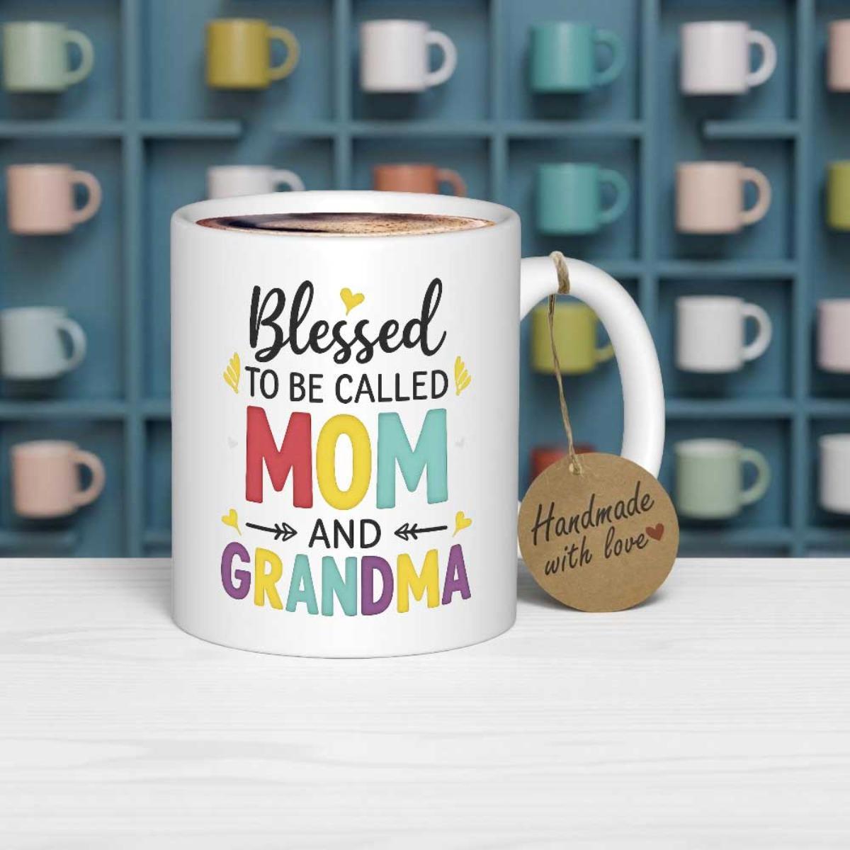 Tailorly White Ceramic 11 oz Mug - Blessed To Be Called Mom And Grandma Colorful Decorative Script Featuring Delicate Hearts And Minimal Arrows Mug
