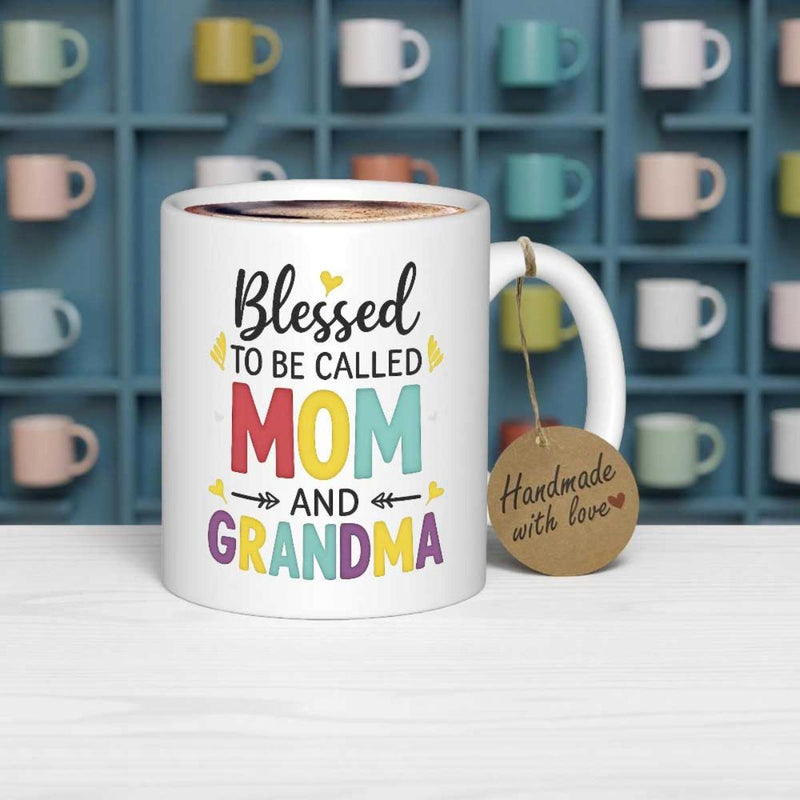 Tailorly White Ceramic 11 oz Mug - Blessed To Be Called Mom And Grandma Colorful Decorative Script Featuring Delicate Hearts And Minimal Arrows Mug