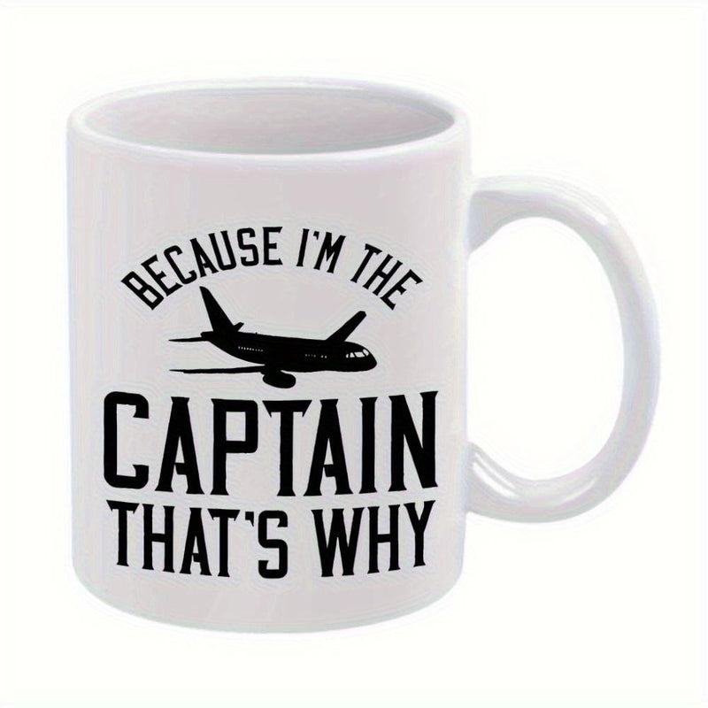 Tailorly White Ceramic 11 oz Mug - Because I'm The Captain That's Why Sleek Minimalist Black Silhouette Flying Through Clear Open Sky Airplane