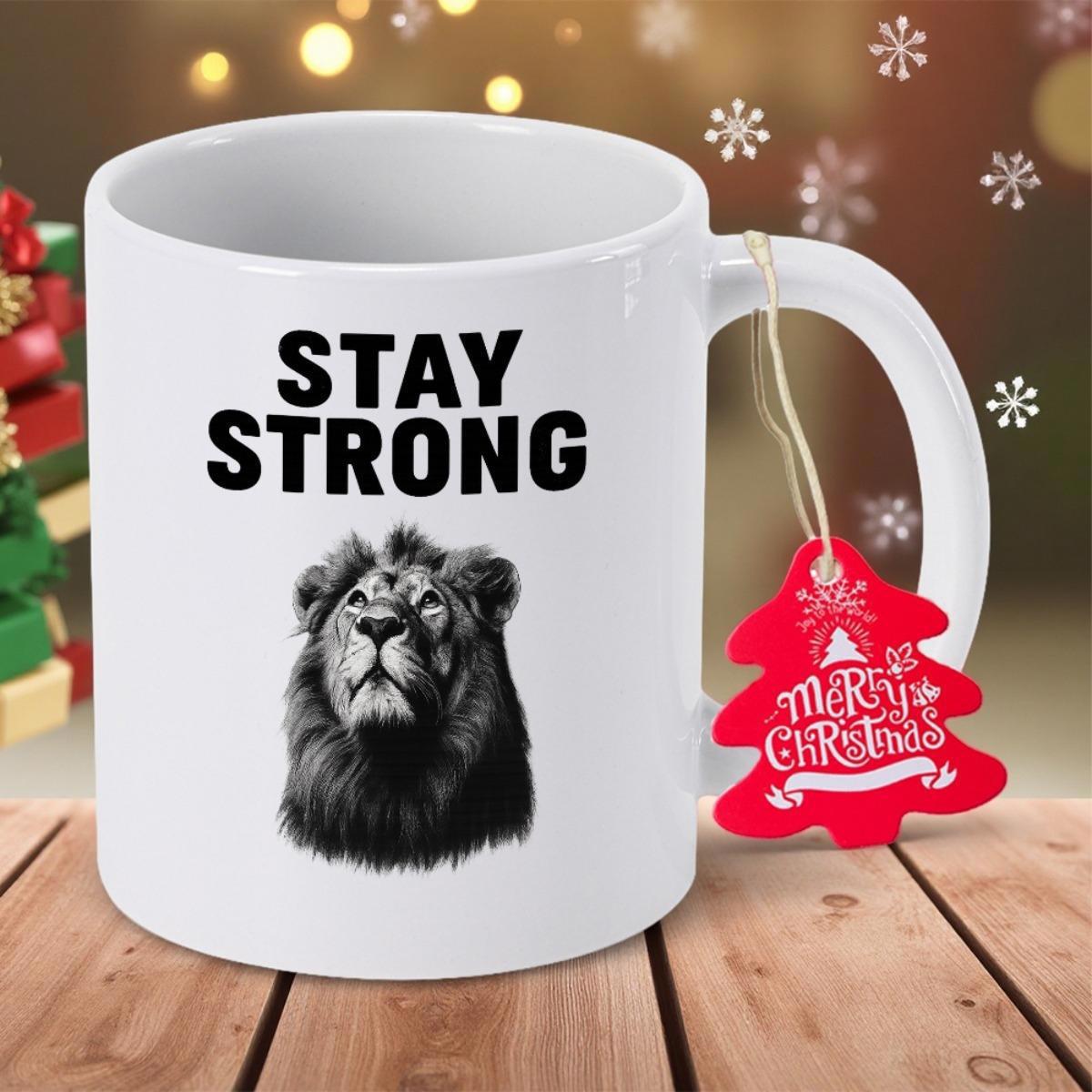 Tailorly White Ceramic 11 oz Mug - Stay Strong Majestic Powerful Beast Looking Upwards With Courageous Inspirational Spirit Lion