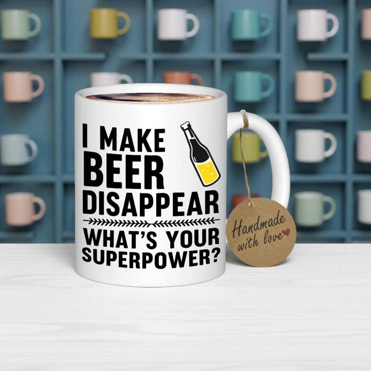 Tailorly White Ceramic 11 oz Mug - I Make Beer Disappear What's Your Superpower Simple Illustrated Yellow Liquid Filled Glass Beverage Container Featuring Bottle