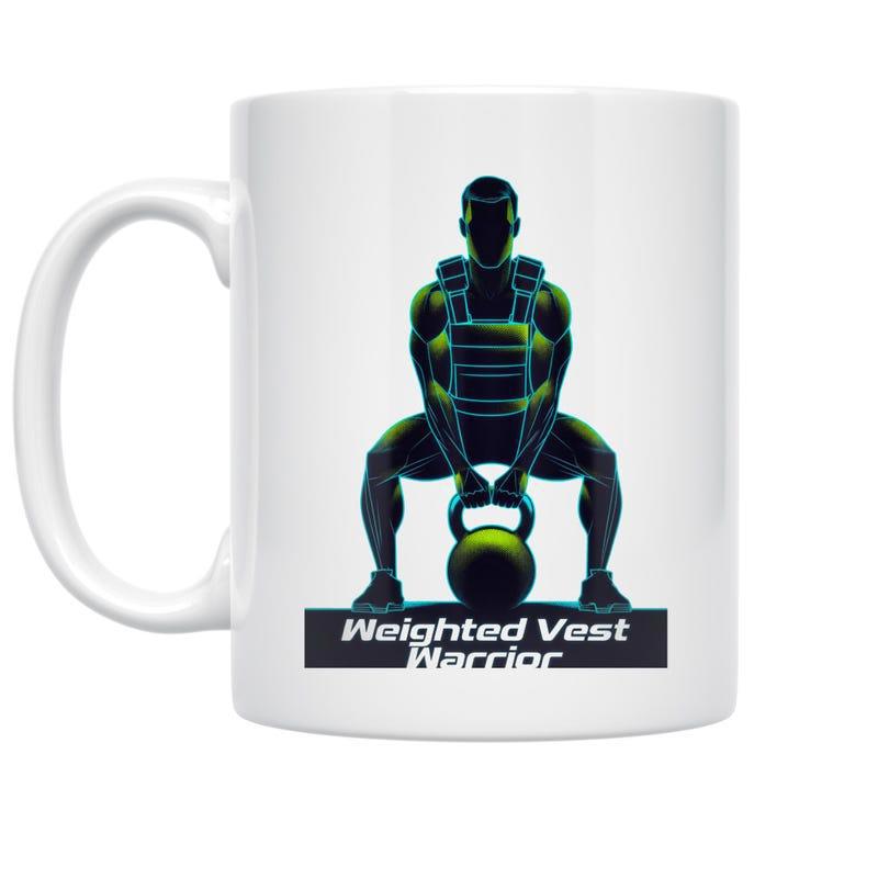 Tailorly White Ceramic 11 oz Mug - Weighted Vest Warrior Powerful Muscular Silhouette Performing Kettlebell Squat Holding Heavy Weight Athlete