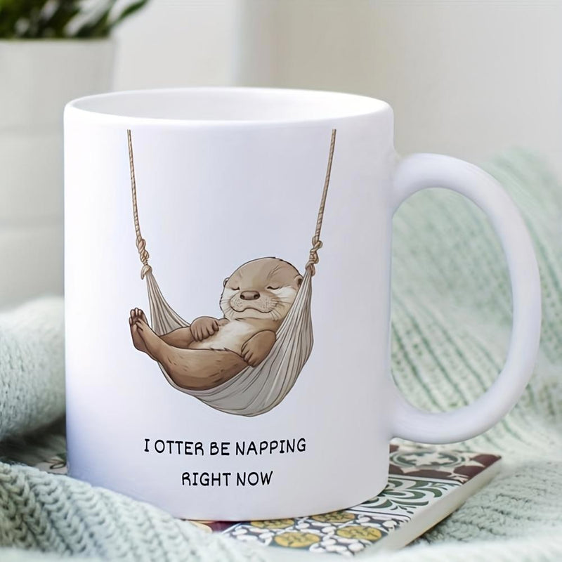 Tailorly White Ceramic 11 oz Mug - I Otter Be Napping Right Now Cute Furry Animal Resting Inside A Hanging Swinging Fabric Hammock Otter