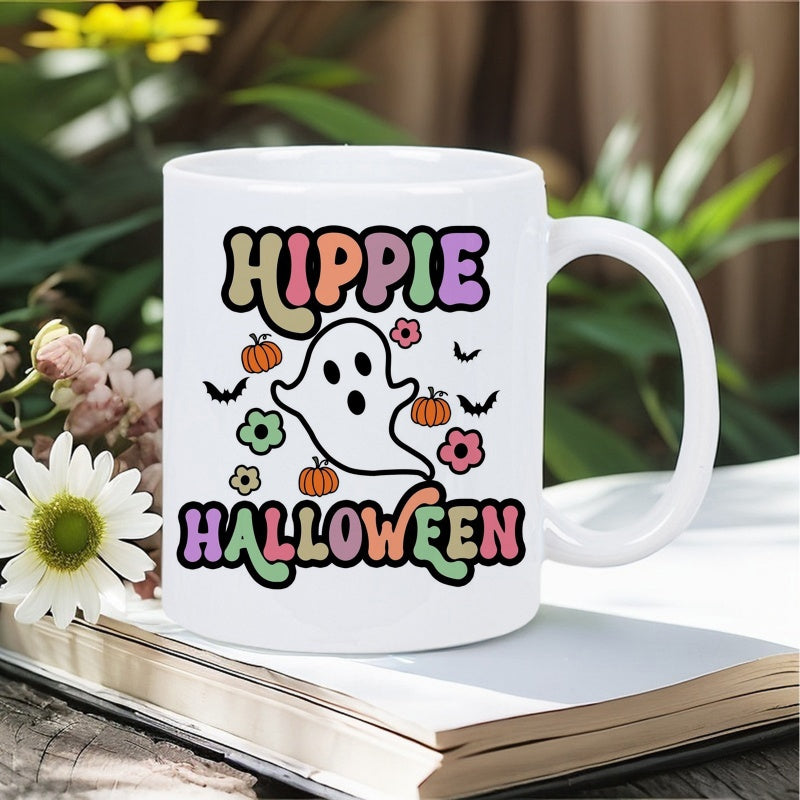Tailorly White Ceramic 11 oz Mug - Hippie Halloween Adorable Cartoon Ghost Floating Amidst Retro Flowers Tiny Pumpkins And Bats Ghost