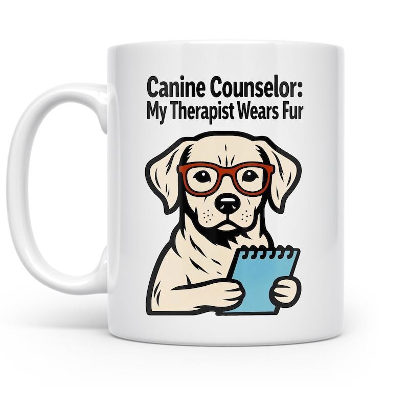 Tailorly White Ceramic 11 oz Mug - Canine Counselor My Therapist Wears Fur Cute Cartoon Labrador Wearing Glasses Holding A Spiral Notepad Dog