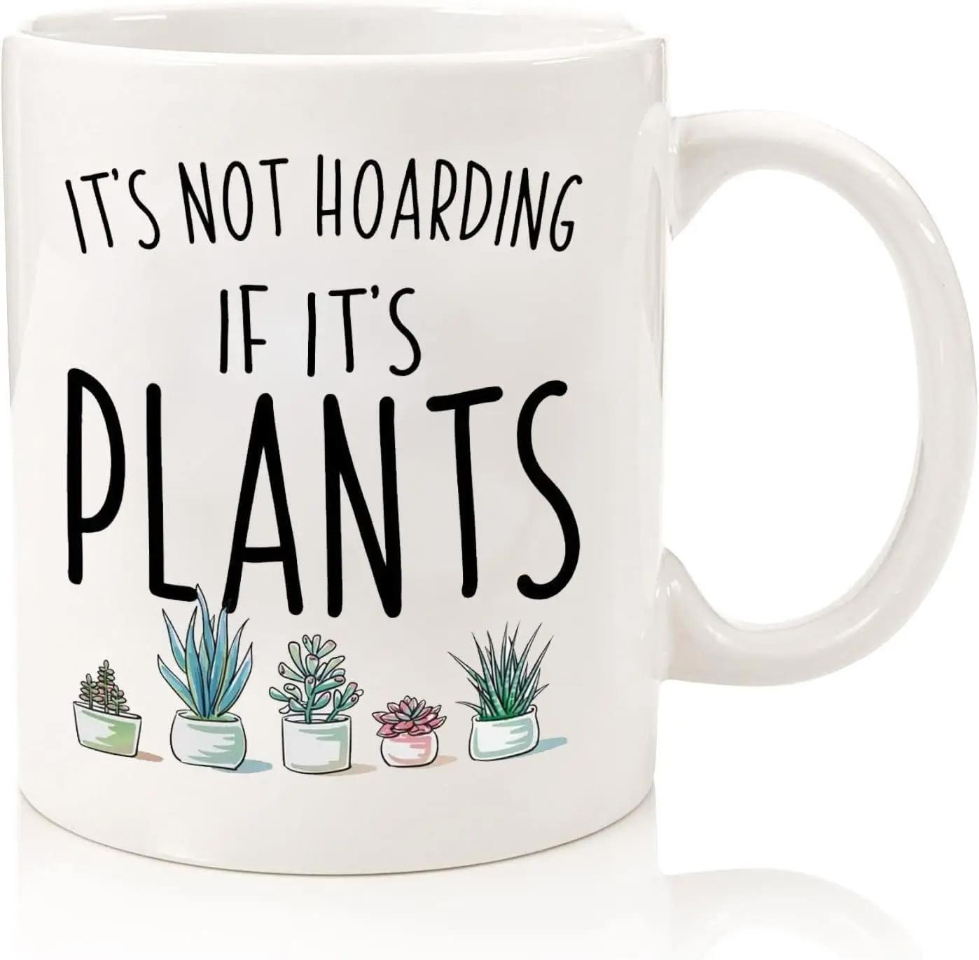 Tailorly White Ceramic 11 oz Mug - Its Not Hoarding If Its Plants Small Green Potted Succulents Lined Up Neatly In Pastel Ceramic Planters Mug