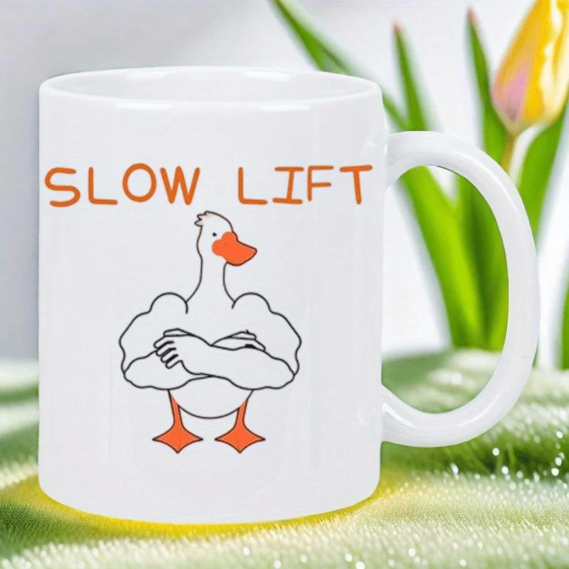 Tailorly White Ceramic 11 oz Mug - Slow Lift Muscular Strong Cartoon Body With Folded Arms And Orange Webbed Feet Duck