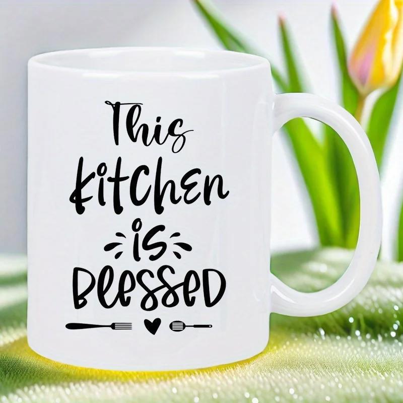 Tailorly White Ceramic 11 oz Mug - This Kitchen Is Blessed Hand Lettered Script Text With Kitchen Utensils And Small Heart Mug