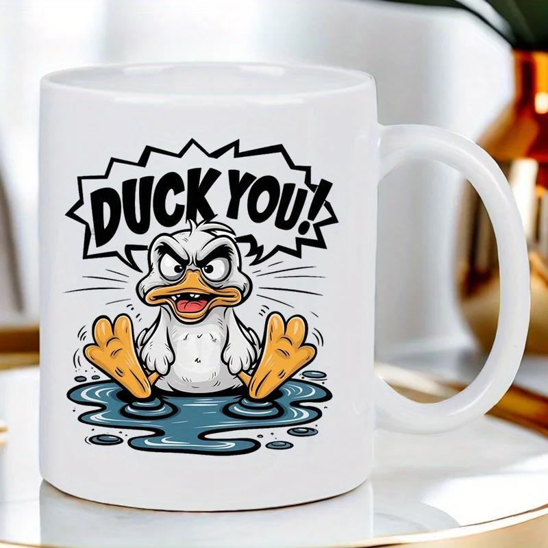 Tailorly White Ceramic 11 oz Mug - Duck You Angry Cartoon White Duck Sitting In A Small Blue Puddle Duck