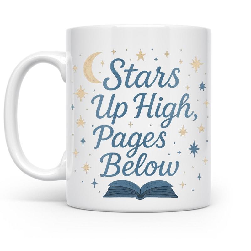 Tailorly White Ceramic 11 oz Mug - Stars Up High Pages Below Glowing Crescent Moon Among Twinkling Golden Stars Above A Simple Book