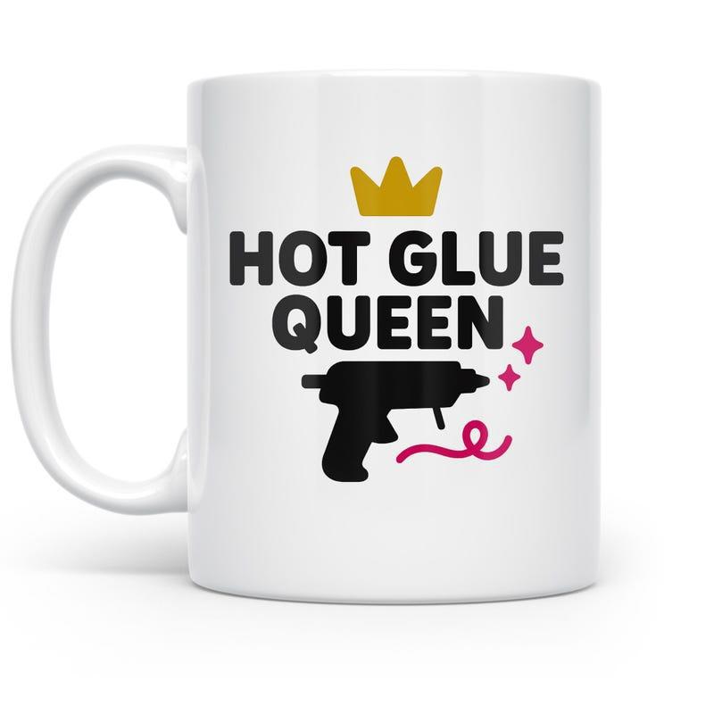 Tailorly White Ceramic 11 oz Mug - Hot Glue Queen Simple Crafting Silhouette With Golden Crown And Sparkles Among Pink Accents Glue Gun