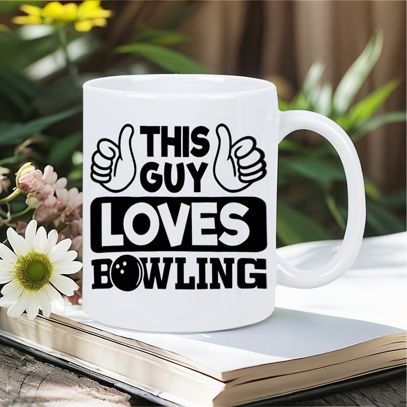 Tailorly White Ceramic 11 oz Mug - This Guy Loves Bowling Two Thumbs Up Icons Flanking Bold Text With Bowling Ball Icon Mug