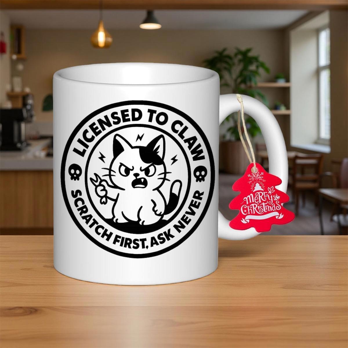 Tailorly White Ceramic 11 oz Mug - Licensed To Claw Scratch First Ask Never Angry Cartoon Kitten Holding Wrench Inside Circular Badge Design Cat