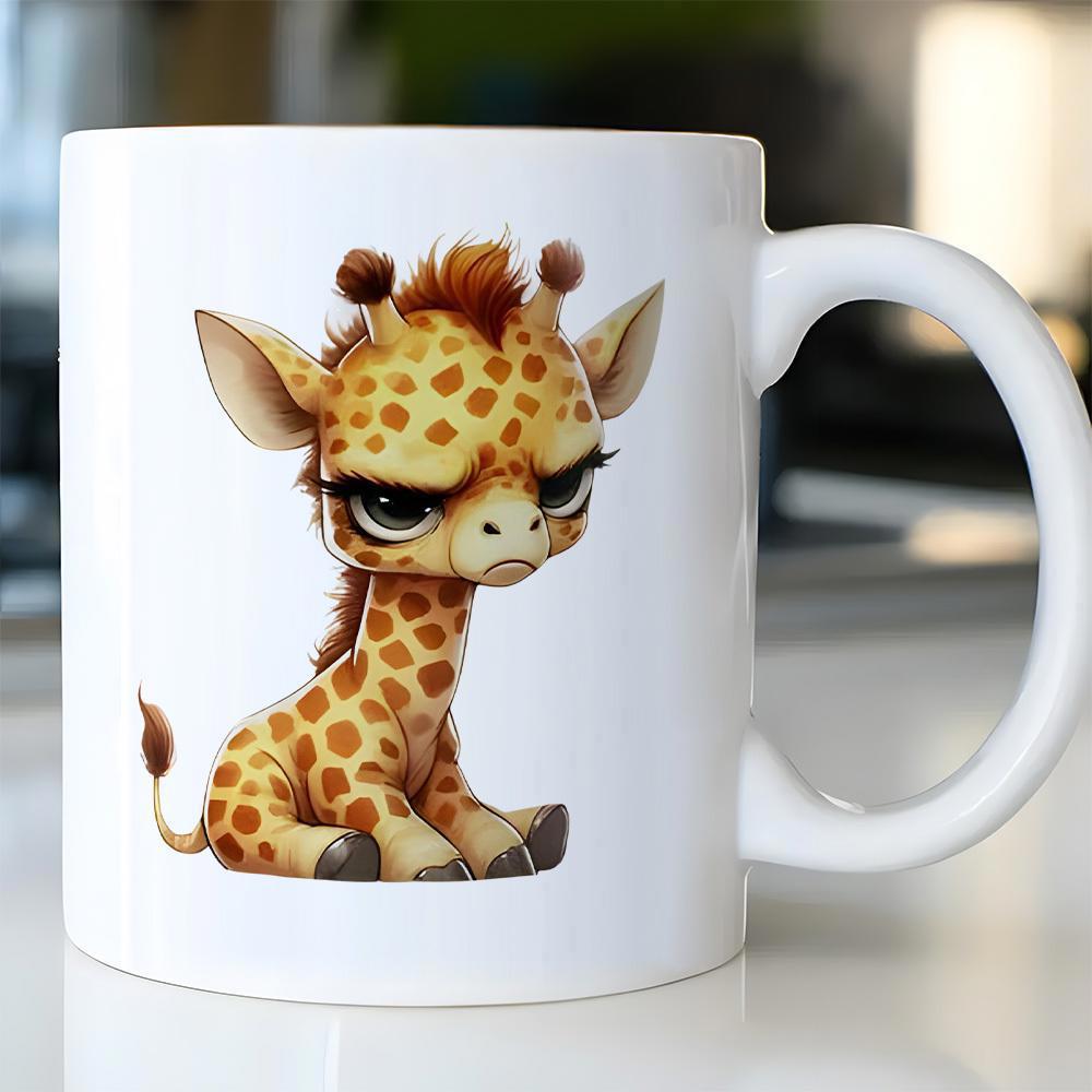 Tailorly White Ceramic 11 oz Mug - Adorable Grumpy Baby Giraffe Sitting With Detailed Spotted Fur Pattern Giraffe
