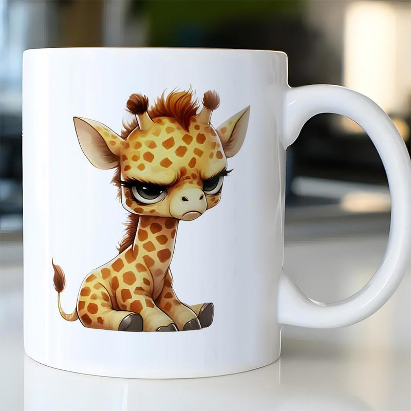 Tailorly White Ceramic 11 oz Mug - Adorable Grumpy Baby Giraffe Sitting With Detailed Spotted Fur Pattern Giraffe
