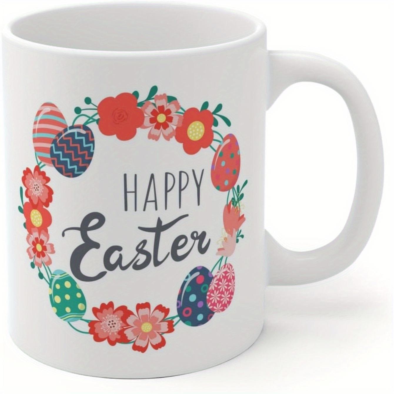 Tailorly White Ceramic 11 oz Mug - Happy Easter Colorful Floral Wreath With Patterned Eggs Arranged In A Circular Spring Wreath