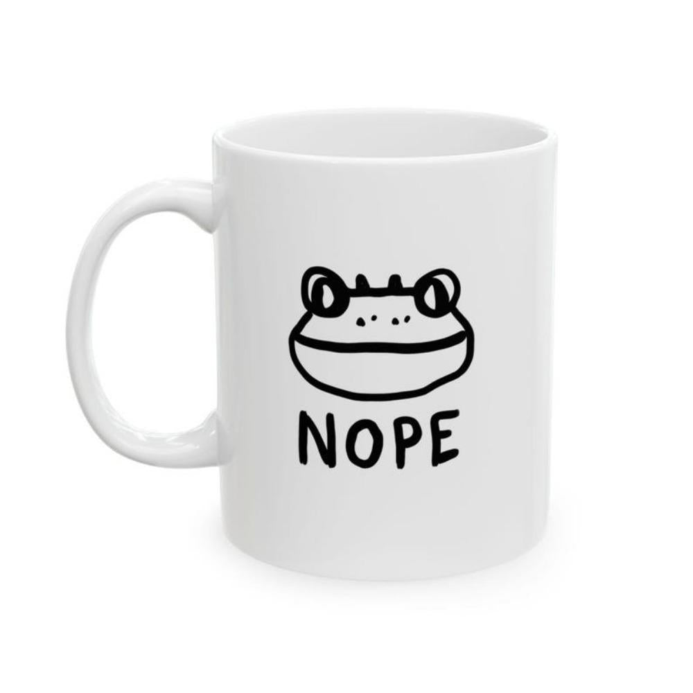Tailorly White Ceramic 11 oz Mug - Nope Minimalist Black Line Drawing Featuring Simple Hand Drawn Cartoon Style Frog