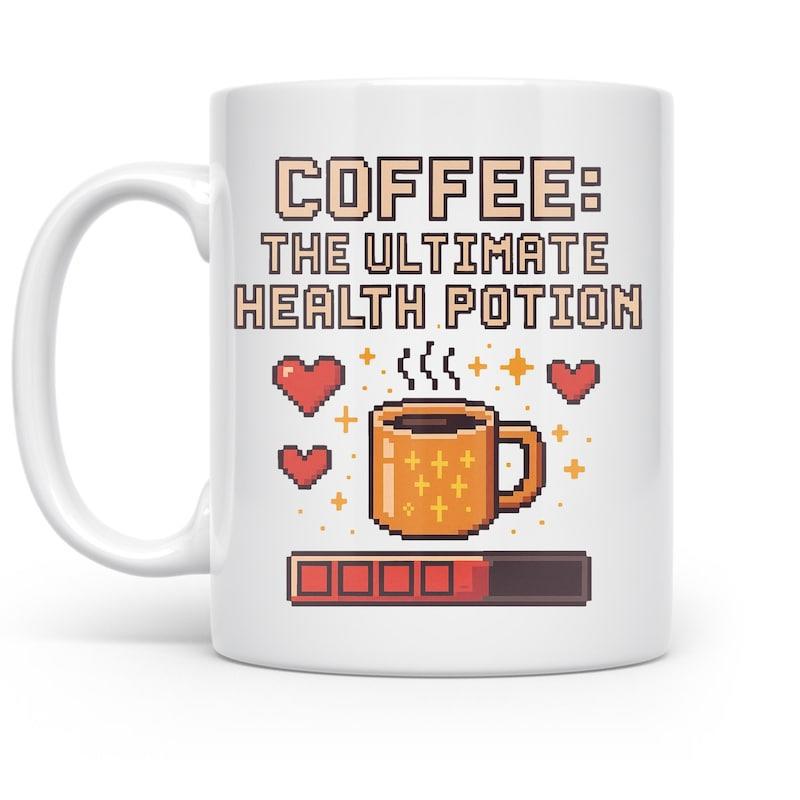 Tailorly White Ceramic 11 oz Mug - Coffee The Ultimate Health Potion Pixelated Retro Gaming Style With Floating Hearts And Loading Bar Mug