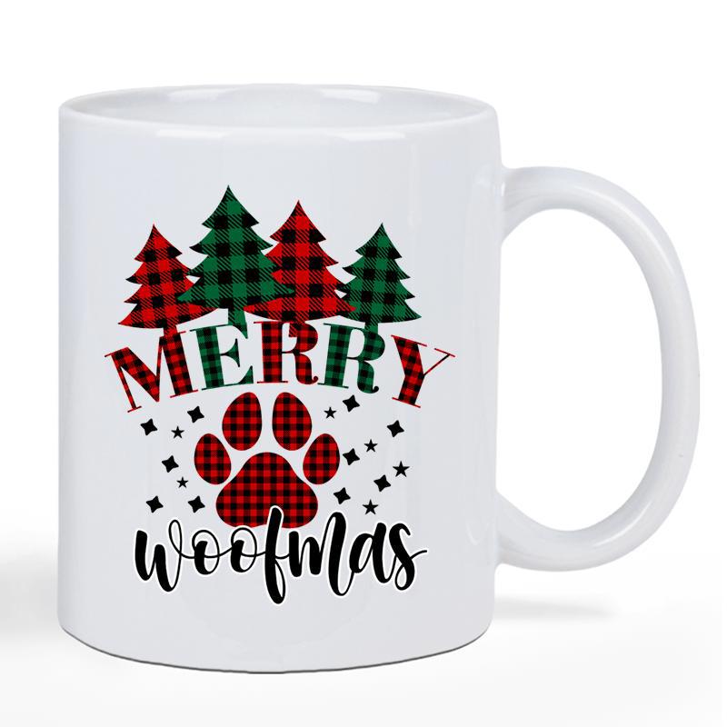 Tailorly White Ceramic 11 oz Mug - Merry Woofmas Festive Red And Green Buffalo Plaid Trees With Small Stars Paw