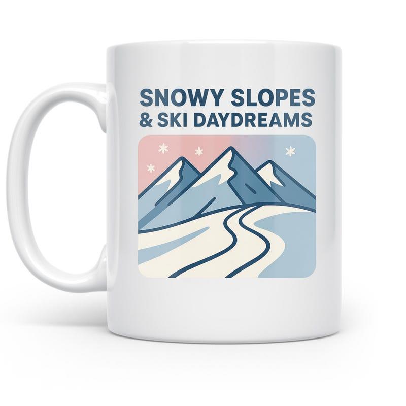 Tailorly White Ceramic 11 oz Mug - Snowy Slopes Ski Daydreams Geometric Snow Capped Peaks Under Pastel Sky With Winding Ski Trails Mountain