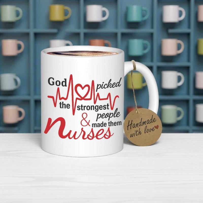 Tailorly White Ceramic 11 oz Mug - God Picked The Strongest People And Made Them Nurses Minimalist Red Heartbeat Line Featuring A Heart On Glossy White Surface Mug