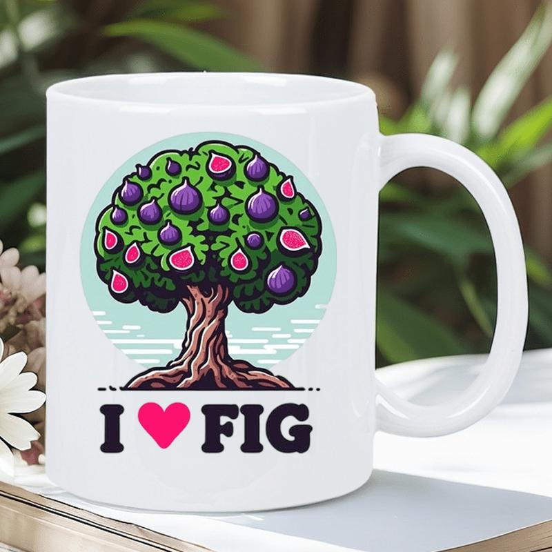 Tailorly White Ceramic 11 oz Mug - I Love Fig Lush Green Branches Bearing Ripe Purple Fruits In Circular Frame Tree