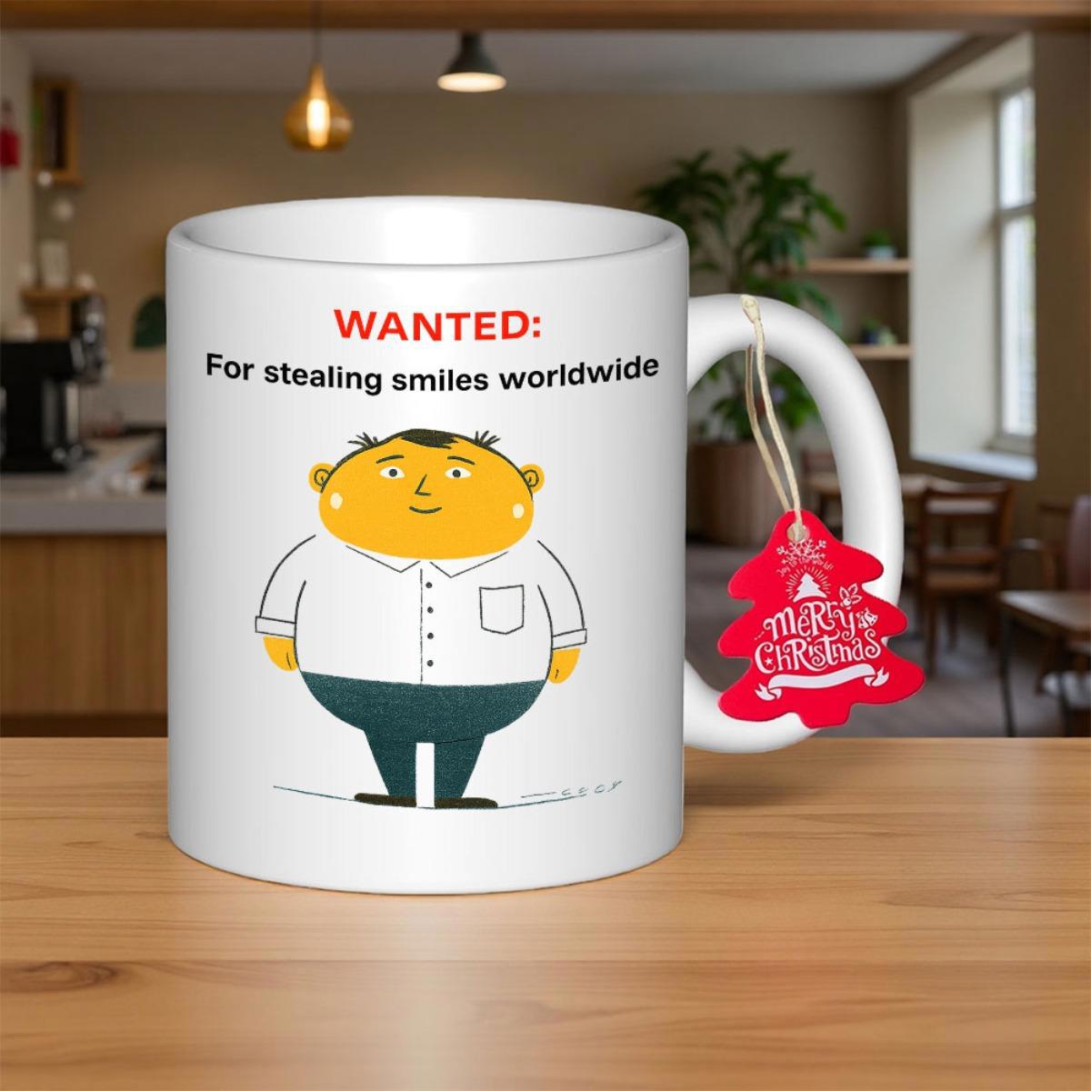 Tailorly White Ceramic 11 oz Mug - Wanted For Stealing Smiles Worldwide Cartoon Chubby Man With Yellow Skin Wearing Simple White Shirt And Pants Character