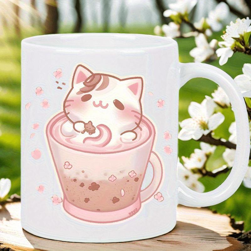 Tailorly White Ceramic 11 oz Mug - Adorable Cartoon Animal Resting Inside Sweet Pink Steaming Hot Cocoa Mug Cat