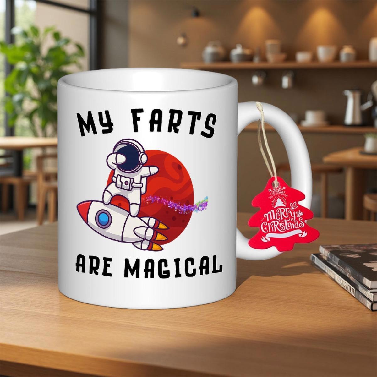 Tailorly White Ceramic 11 oz Mug - My Farts Are Magical Cartoon Space Explorer Riding A Rocket Past A Red Planet Astronaut