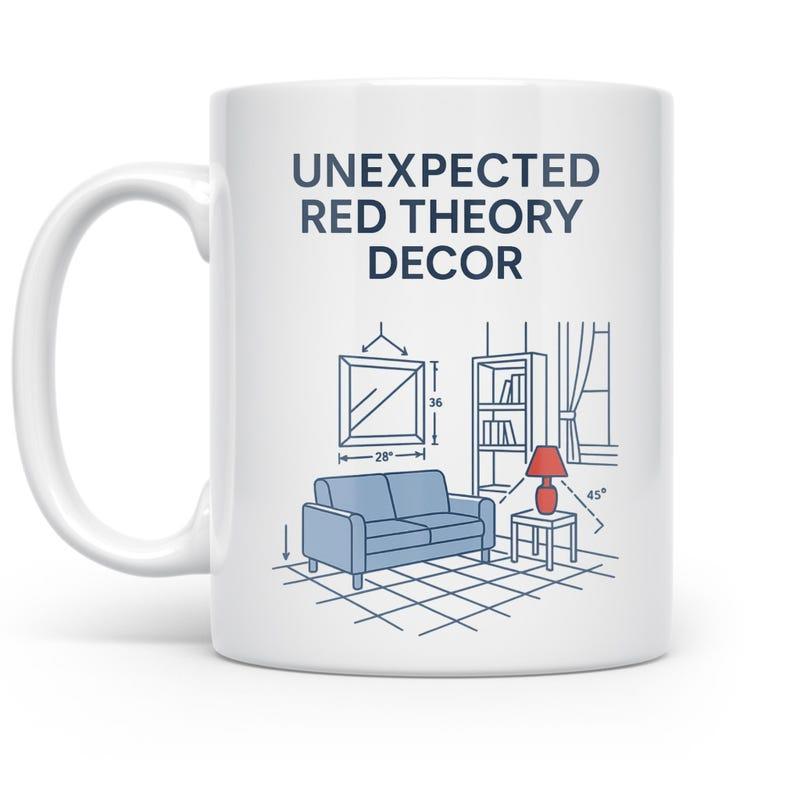 Tailorly White Ceramic 11 oz Mug - Unexpected Red Theory Decor Minimalist Line Drawing Of Living Room Furniture And Red Lamp