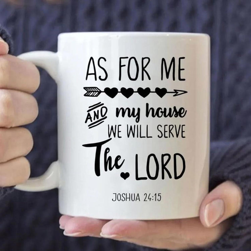 Tailorly White Ceramic 11 oz Mug - As For Me And My House We Will Serve The Lord Joshua 24 15 Minimalist Black Ink Arrow Featuring Four Small Hearts On
