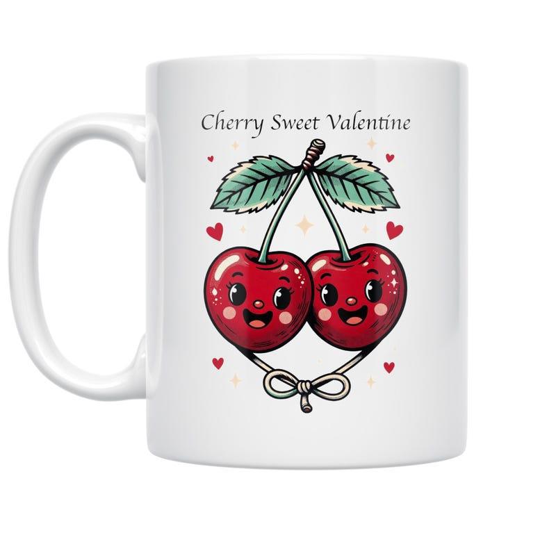 Tailorly White Ceramic 11 oz Mug - Cherry Sweet Valentine Adorable Smiling Red Fruit Couple Adorned With Tiny Floating Hearts Cherry