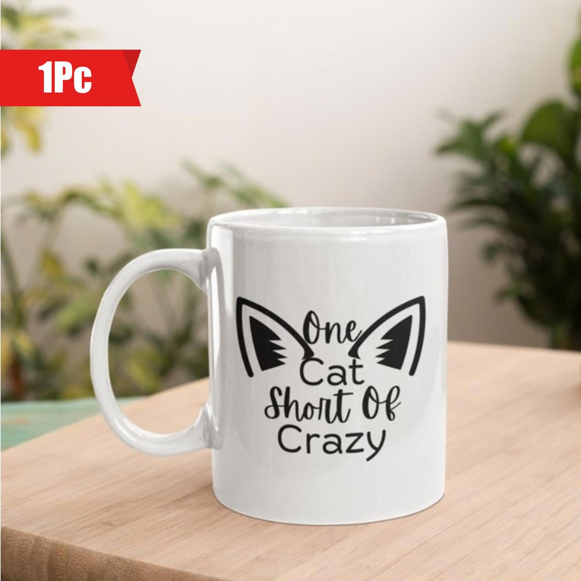 Tailorly White Ceramic 11 oz Mug - One Cat Short Of Crazy Minimalist Black Ink Silhouette Design Featuring Pointed Furry Stylized Cat Ear