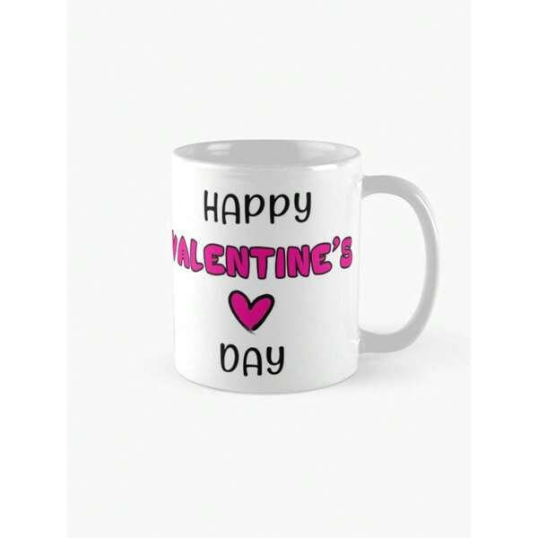 Tailorly White Ceramic 11 oz Mug - Happy Valentine's Day Pink Heart Symbol Surrounded By Playful Black Lettering For Romantic Gifting Mug