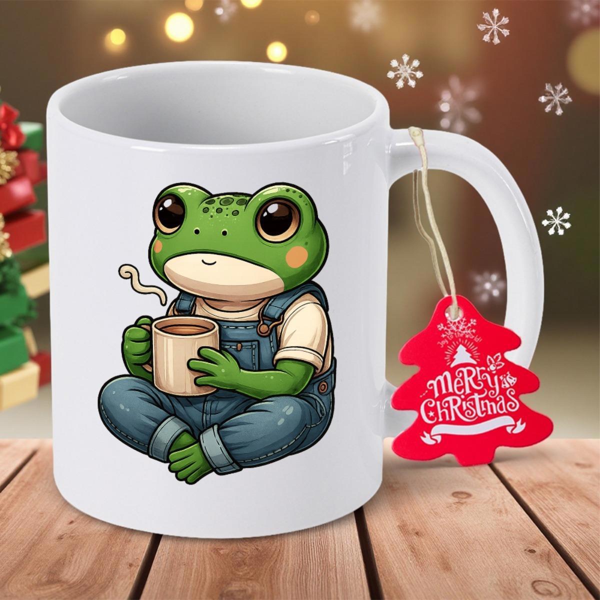 Tailorly White Ceramic 11 oz Mug - Merry Christmas Cute Green Frog Wearing Blue Overalls Holding Steaming Coffee Cup Frog